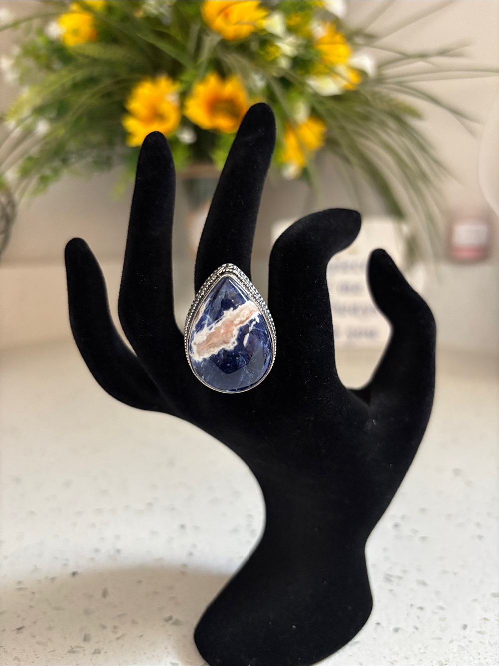 Teardrop Blue & White Sodalite Gemstone Ring Size 8 - Picture 4 of 8